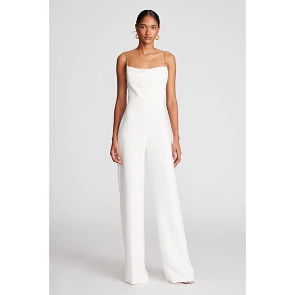 HALSTON Brea Ruched Chain-strap Crepe Jumpsuit in Chalk Size US 4 - Picture 9 of 13